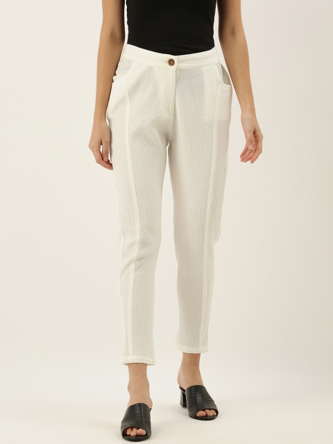 

MERAKI Women White Comfort Fit Textured Cropped Regular Trousers