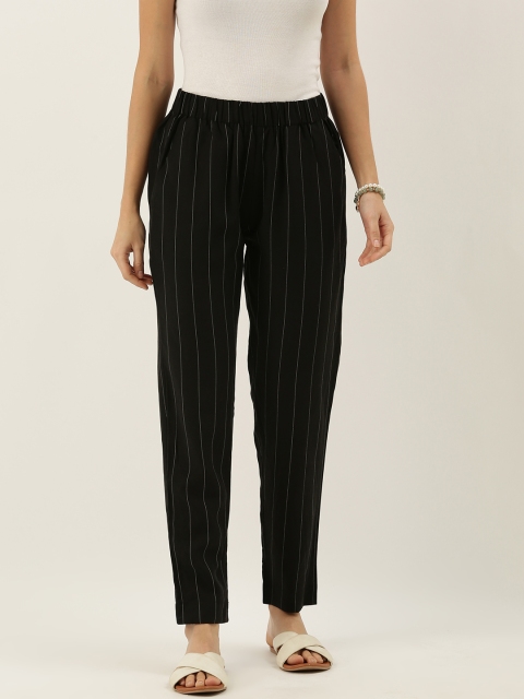 

MERAKI Women Black & White Loose Fit Striped Regular Trousers