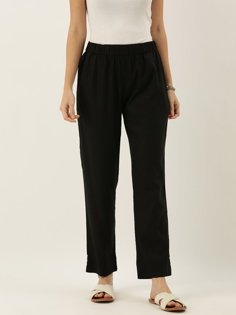 

MERAKI Women Black Straight Fit Solid Regular Trousers