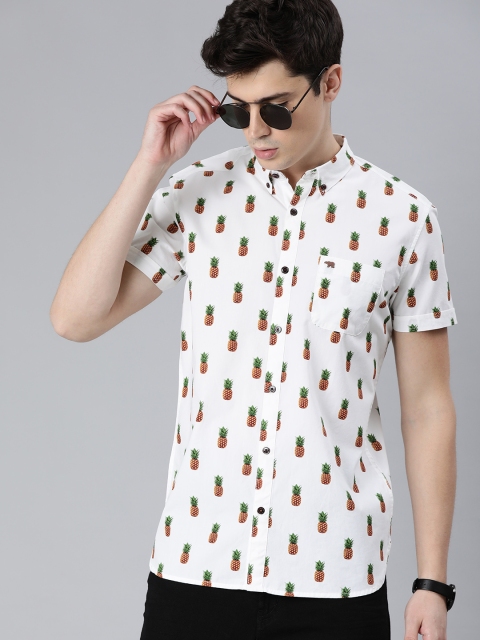 

THE BEAR HOUSE Men White & Orange Slim Fit Printed Casual Shirt