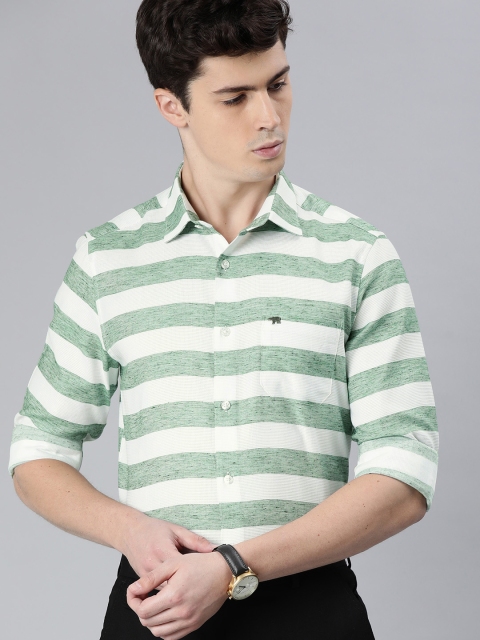 

THE BEAR HOUSE Men White & Green Slim Fit Striped Formal Shirt