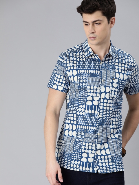 

THE BEAR HOUSE Men Blue & Cream-Coloured Slim Fit Printed Casual Shirt