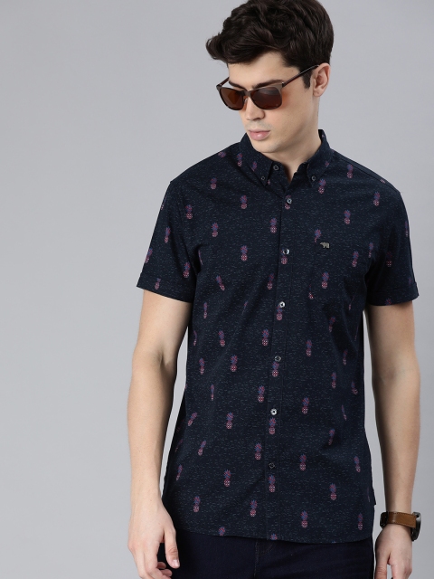 

THE BEAR HOUSE Men Navy Blue & Pink Slim Fit Printed Casual Shirt
