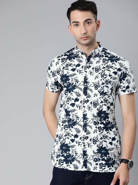 

THE BEAR HOUSE Men White & Navy Blue Slim Fit Floral Printed Casual Shirt