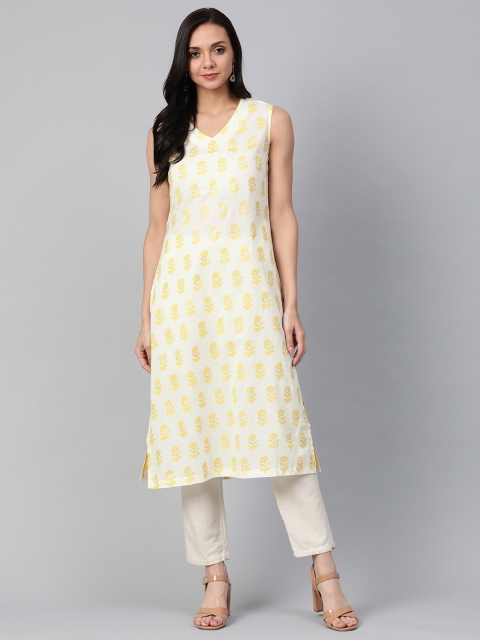 

Biba Women Off-White & Yellow Cotton Printed Straight Kurta