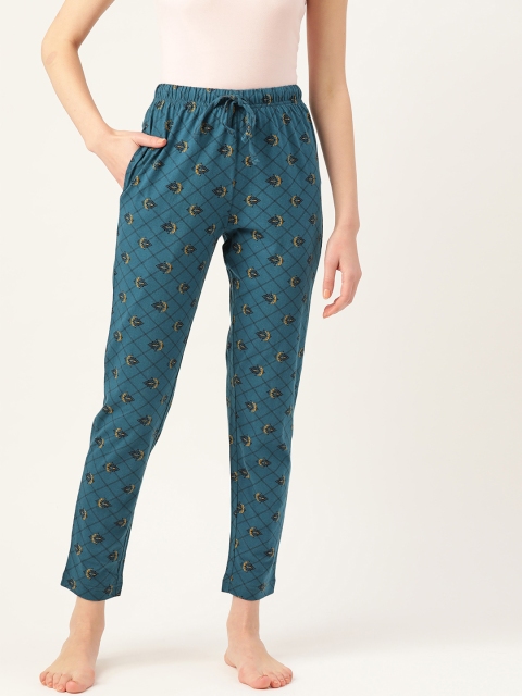 

ETC Women Teal Green & Black Pure Cotton Ethnic Print Crop Lounge Pants