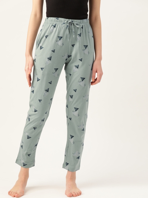 

ETC Women Sea Green & Navy Blue Pure Cotton Geometric Printed Crop Lounge Pants