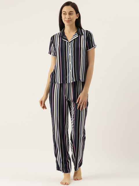 

ETC Women Navy Blue & White Striped Night suit