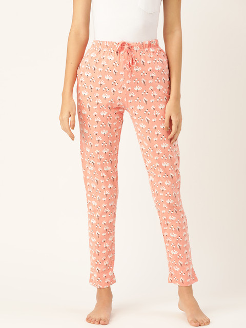 

ETC Women Coral Pink & White Floral Print Pure Cotton Lounge Pants