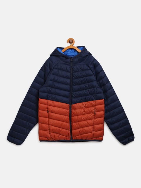 

Marks & Spencer Boys Navy Blue & Rust Orange Colourblocked Hooded Quilted Jacket