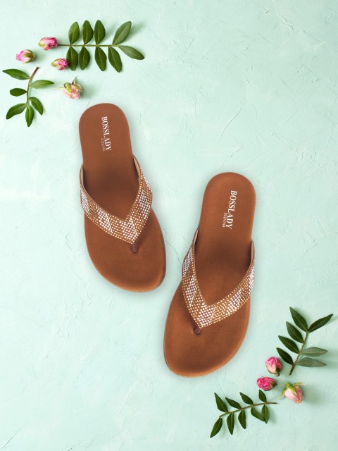

SCENTRA Women Brown Embellished T-Strap Flats