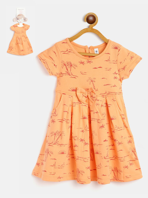 

Cherokee Girls Orange & Red Tropical Print Pure Cotton Fit and Flare Dress with Bow Detail