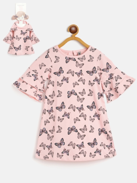 

Cherokee Girls pink & Black Butterflies Print Pure Cotton A-Line Dress