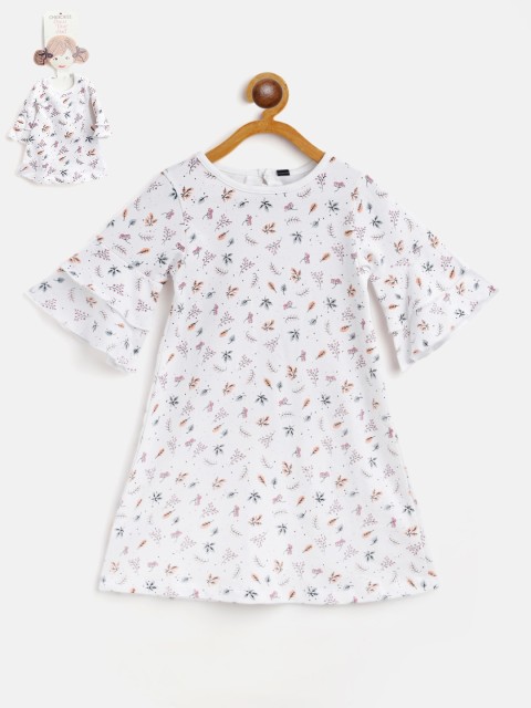 

Cherokee Girls White & Orange Floral Print Pure Cotton A-Line Dress