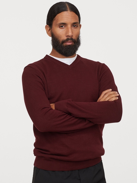 

H&M Men Maroon V-Neck Cotton Jumper