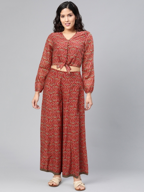 

Global Desi Women Red & Grey Printed Top with Palazzos