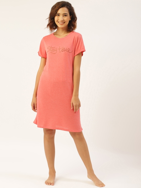 

Sweet Dreams Women Coral Red Solid Nightdress with Printed Detail