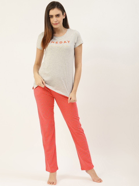 

Sweet Dreams Women Grey Melange & Pink Printed Pure Cotton Night suit