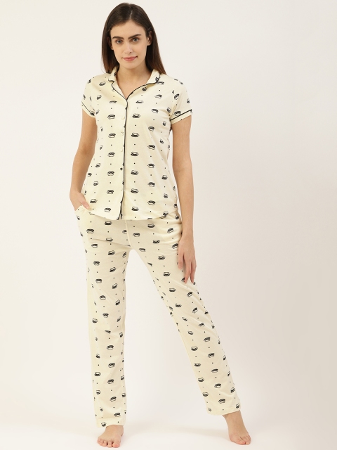 

Sweet Dreams Women Off-White & Black Quirky Print Night Suit