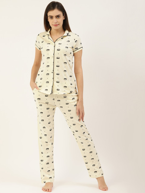 

Sweet Dreams Women Off-White & Black Quirky Print Night Suit