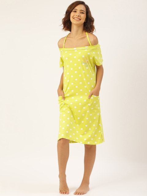 

Sweet Dreams Women Lime Green & White Polka Dot Print Cotton Nightdress