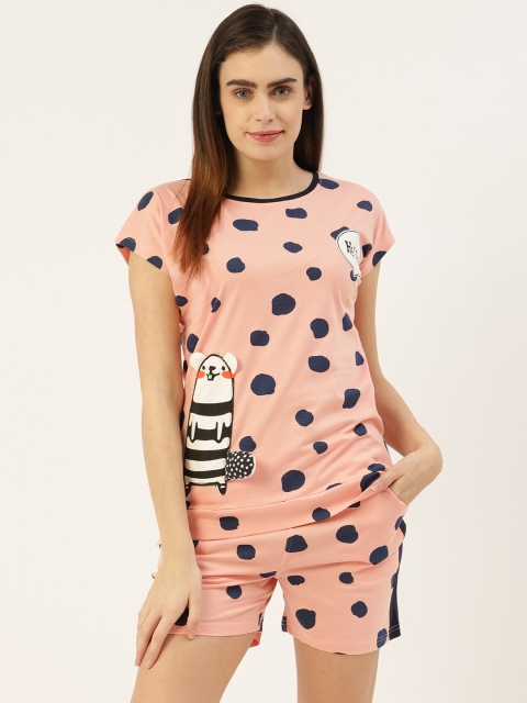 

Sweet Dreams Women Peach-Coloured & Navy Blue Printed Night Suit