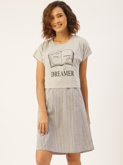 

Sweet Dreams Women Grey Melange & Black Striped Cotton Sleep Shirt With Crop Top