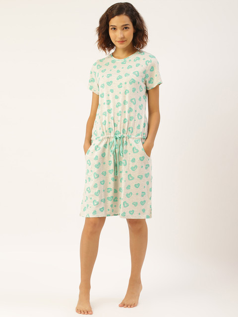 

Sweet Dreams Grey Melange & Green Hearts Printed Sleep Shirt