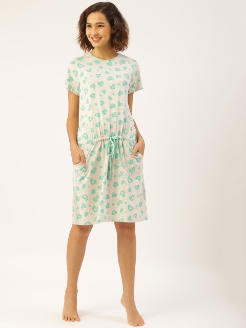 

Sweet Dreams Women Grey Melange & Mint Green Hearts Print Cotton Drop Waist Sleep Shirt