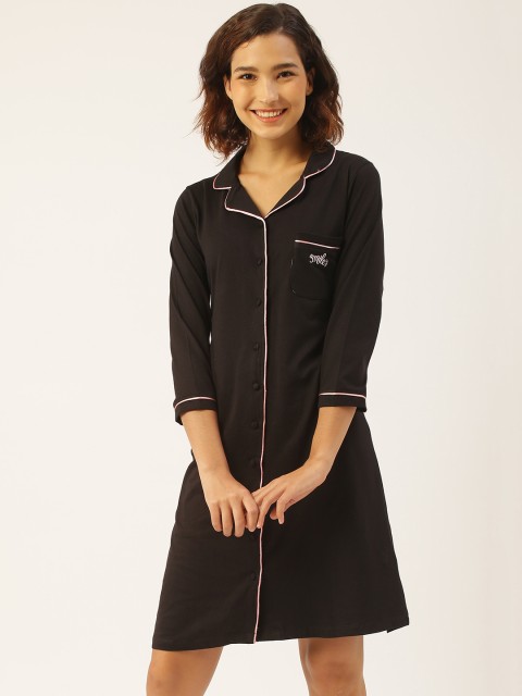 

Sweet Dreams Women Black Pure Cotton Solid Sleep Shirt