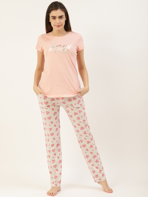 

Sweet Dreams Women Peach-Coloured & Grey Melange Printed Pure Cotton Night Suit