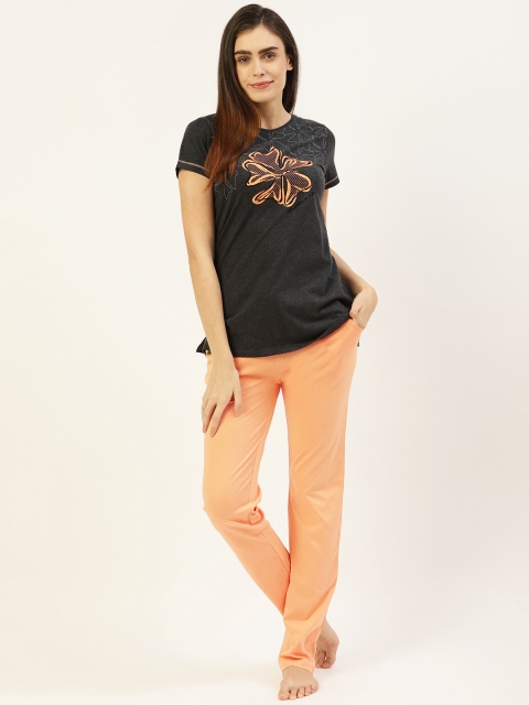 

Sweet Dreams Women Charcoal Grey & Orange Printed Night Suit