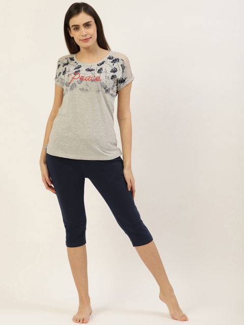 

Sweet Dreams Women Grey Melange & Navy Blue Printed Night suit