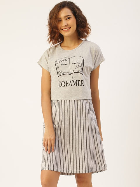 

Sweet Dreams Women Grey Melange & Black Striped Cotton Nightdress With Crop T-Shirt