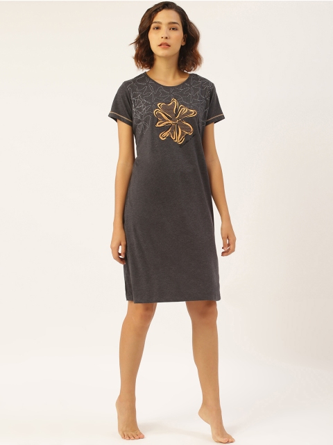 

Sweet Dreams Women Charcoal Grey & Peach-Coloured Floral Print Sleep Shirt