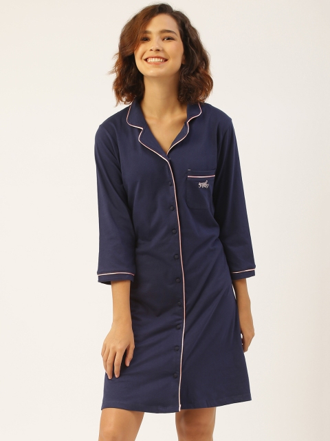 

Sweet Dreams Women Navy Blue Pure Cotton Solid Sleep Shirt