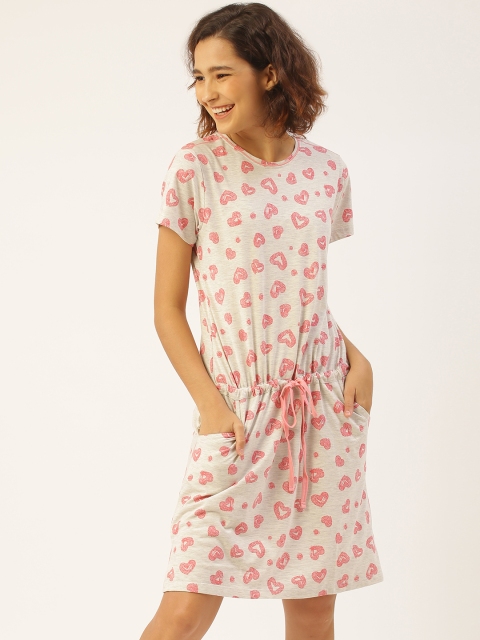 

Sweet Dreams Women Grey Melange & Pink Hearts Print Cotton Drop Waist Nightdress