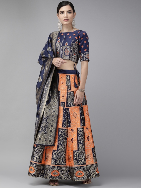 

DIVASTRI Orange & Blue Woven Design Semi-Stitched Lehenga & Unstitched Blouse with Dupatta