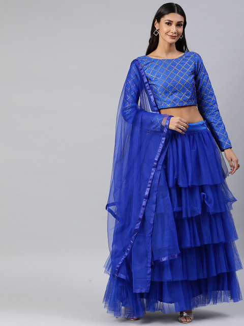 

DIVASTRI Blue Zari Embroidered Semi-Stitched Lehenga with Unstitched Choli & Dupatta