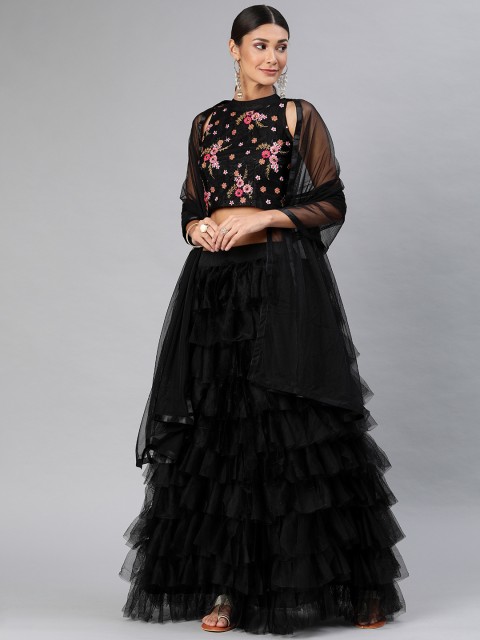

DIVASTRI Black Semi-Stitched Ruffled Lehenga & Blouse with Dupatta