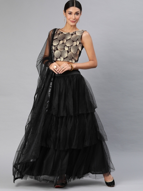

DIVASTRI Black Embroidered Semi-Stitched Tiered Lehenga & Unstitched Blouse with Dupatta