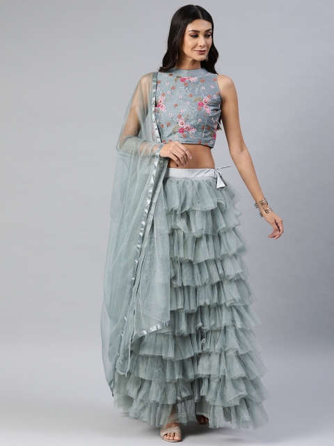 

DIVASTRI Grey Embroidered Semi-Stitched Ruffled Lehenga & Blouse with Dupatta