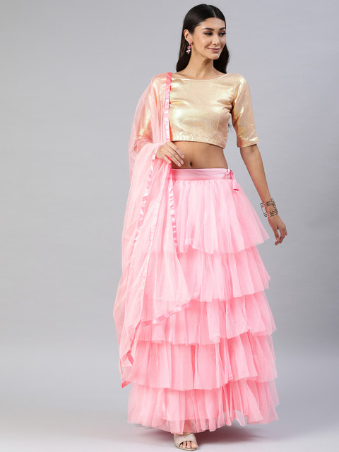 

DIVASTRI Pink Solid Semi-Stitched Ruffled Lehenga & Unstitched Blouse with Dupatta