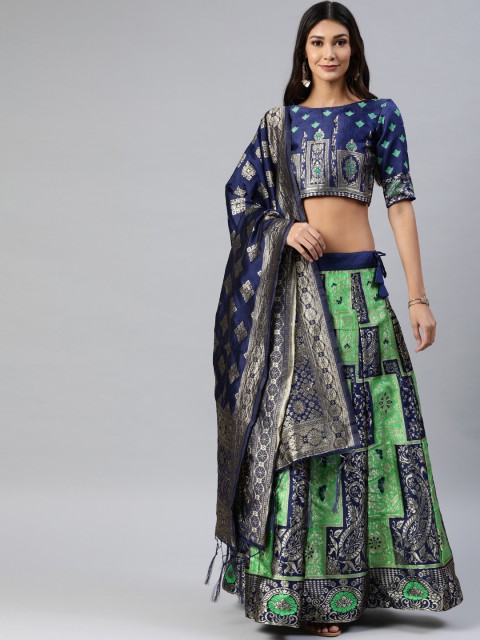 

DIVASTRI Navy Blue & Green Woven Design Semi-Stitched Lehenga & Unstitched Blouse with Dupatta