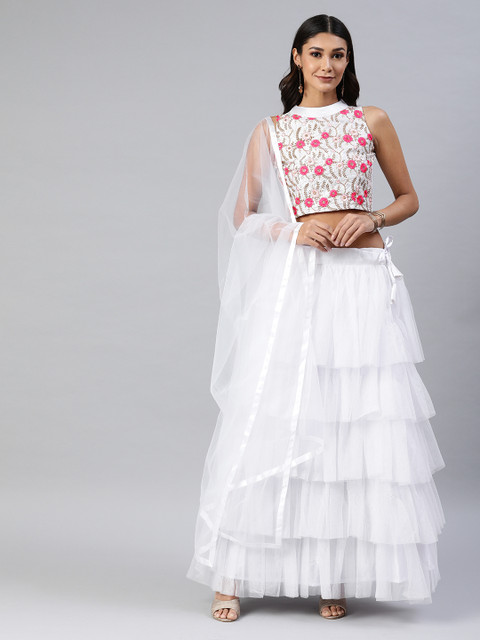 

DIVASTRI White Embroidered Semi-Stitched Ruffled Lehenga & Blouse with Dupatta