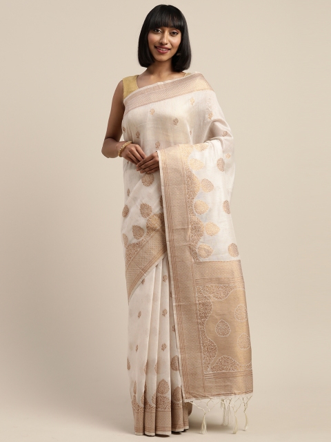

Mitera Off-White & Gold-Toned Liva Woven Design Banarasi Saree
