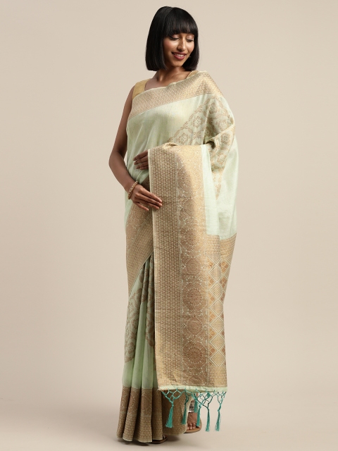 

Mitera Sea Green & Gold-Toned Liva Woven Design Banarasi Saree