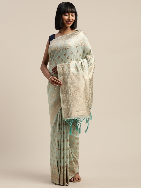 

Mitera Blue & Gold-Toned Liva Woven Design Banarasi Saree