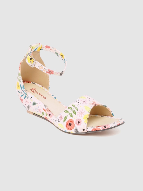 

Padvesh Women Off-White & Pink Floral Print Mid-Top Wedges