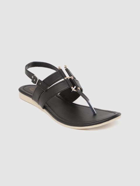 

Padvesh Women Black Solid T-Strap Flats